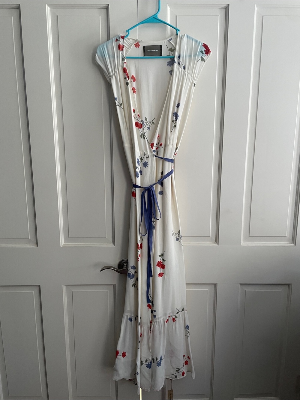 Reformation White Floral Wrap Maxi Dress with Blue Tie